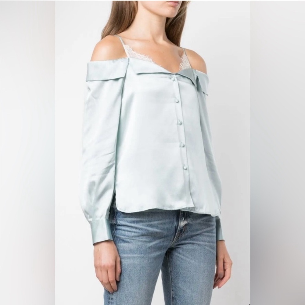 NWT Jonathan Simkhai Caylee Silk Blouse Ice Baby Blue Lace Cream Off Shoulder M‍